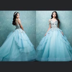 Quinceanera Dresses vestido de baile Correias Spaghetti Lace Applique de cristal Beads Azul Tulle Ruffles doce 16 Plus Size Formal Prom Vestidos