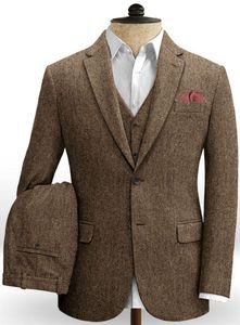 Mörkbrun Bröllop Tuxedos Män Passar Harringbone Tweed Groom Outfits Best Man Suit Mäns Blazer Passar Skräddarsy (Jacka + Byxor + Vest)