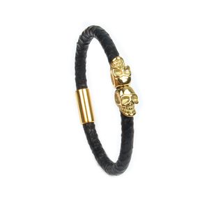 Real Snake Skin Leather Bracelet Men Stainless Steel Double Skull Bracelets Women Gold Bangle Jewelry 5pcs/lot Free Shipping