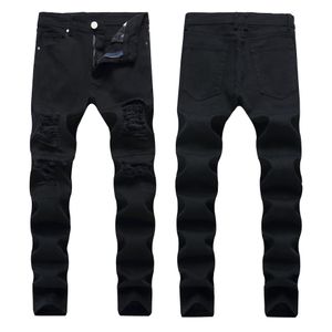 Mäns Jeans Mens High Street Style Biker Hole Distressed With Zipper Slim Fit Denim Casual Man Byxor Byxor Asiatisk Storlek