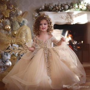 Sevimli Balo Toddler Kızlar Pageant Elbiseler Dantel Aplike Boncuk Uzun Kollu Çiçek Kız Elbise Tül İlk Communion Gowns