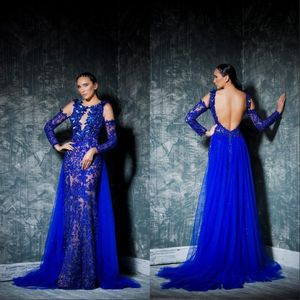 Sexig Royal Blue Mermaid Aftonklänningar med Overskirt Pearls Sequin Applique Pärlor Långärmad Kändis Formell Klänning Prom Party Gown
