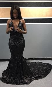Black Girl Cekiny Syrenki Prom Dresses 2019 Sexy Backless Packging Deckline Vestido de Festa Longo Party Dress Formalne Korowody Suknie Wieczorowe