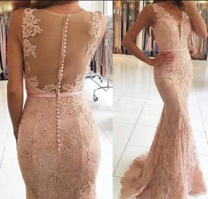 Sexy V-Neck Evening Dresses Wear Illusion Lace Appliques Beaded Blush Pink Mermaid Long Sheer Back 2018 New Formal Party Dress Prom Gowns