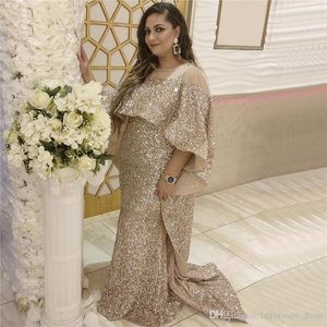 Dubai Aarbic Champagne Plus Size Sheath Dresses Sheer Jewel Neck Sequined Prom Formal Dress Evening Gowns Abendkleider