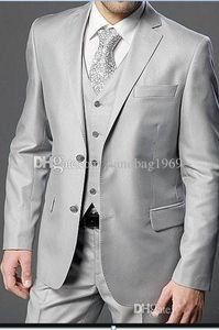 Högkvalitativ två knappar Silver Grå Brudgum Tuxedos Notch Lapel Groomsmen Mens Passar Bröllop / Prom / Dinner Blazer (Jacka + Byxor + Vest + Slips) K150