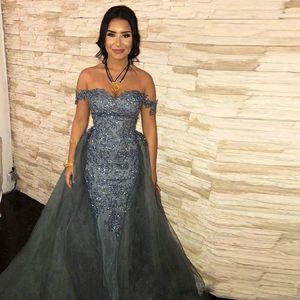 Grey Mermaid Evening Dresses with Detachable Train Off the Shoulder Appliques Tulle Red Carpet Gown Over skirt Celebrity Dress