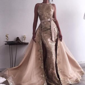 Sexy Beads Mermaid Evening Dresses With Detachable Train Appliqued Overskirt Lace Celebrity Prom Dress robe de soiree