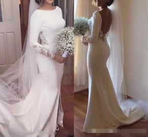 Backless Syrenca Wspaniałe sukienki długie rękawy koronkowe aplikacje Kaplica Pociąg pociągu Slit Scoop Neck Surt Wedding Suknia Vestido de novia