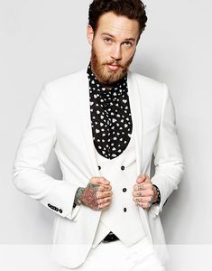 Slim Fit One Button Ivory Bröllop Groom Tuxedos Sjal Lapel Groomsmen Män Passar Prom Blazer (Jacka + Byxor + Vest + Tie) No: 1956