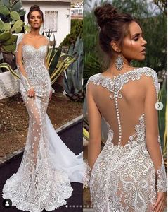 2019 New Sheer Long Sleeve Lace Applique Mermaid Wedding Dresses Bridal Gowns 2019 Beach Bling Wedding Dress Crystal Vestidos De Novia