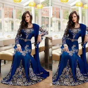 Prom Vestidos islâmica árabe Jewel Neck Bordados cristal frisado Royal Blue mangas compridas Formal Abaya partido Dubai vestidos de noite com Wraps