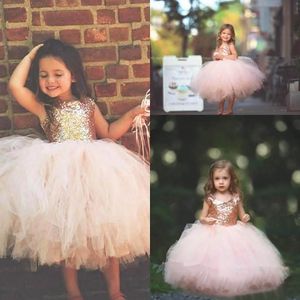 Bling Bling Rose Gold Tutu Girls Pageant Dresses Blush Pink Ball Gown Sparkly Little Girls Party Gowns Prom Dresses Custom Made