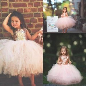 Bling Bling Rose Gold Tutu Girls Pagewne Suknie Blush Pink Ball Suknia Sparkly Little Girls Party Suknie Prom Dresses Made Custom