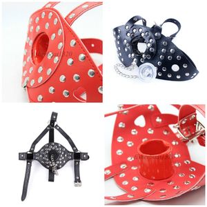 Bondage Leather Studded Head Harness Open Hole Mouth Gag Stopper Chain Muzzle Mask Slave A87