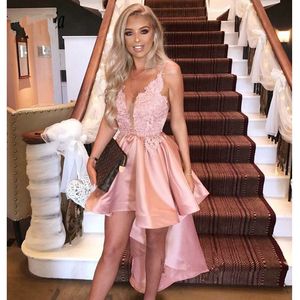 Chique Rosa Hi Lo Barato Graduação Vestidos de 2019 Espaguete Applique Lace Baile Vestido De Baile De Cetim Homecoming Vestido Prom Curta Noite Do Partido