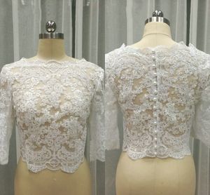 Em Estoque Rendas Jaquetas De Casamento Para As Mulheres 3/4 de Manga Comprida Lace Bolero Bateau Pérolas Jaqueta De Casamento Plus Size