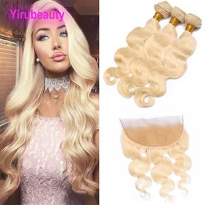 Cabelos virgens cruas indianos 3 pacotes com 13x4 Lace Frontal com feixes de ondas corporais pré-arrancadas com frontals yiruhair 8-30 polegadas