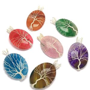 Wholesale Silver Plated Wire Wrap Oval Shape Many Colors Agate Pendant Tree of Life Jewelry