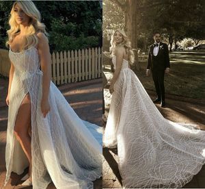 2020 Sexy Wedding Dresses Lace Thigh High Slits Illusion Bodice Bridal Wedding Dress Sweep Train Spaghetti A Line Wedding Gowns