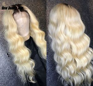 Lång brasiliansk lös våg spetsfront peruk 1b / 613 ombre blond färgad preplucked syntetiskt hår peruk värmebeständigt för Afrika kvinnor