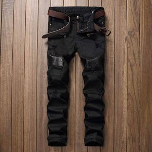 Gratis frakt Högkvalitativ Män PU Läder Jeans Casual Design Biker Jeans Men Slim Denim Straight Ripped BioPA 8804