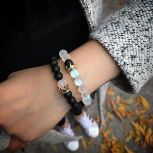 Natural Stone Matte Stone Black White Crystal Couple Beads Bracelets Imperial Crown Charm Bracelet for Men Women