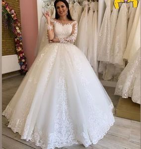 Ball Gown Long Sleeve Wedding Dresses Crystal White Lace Applique Spring Beach Muslim Wedding Dress Bridal Gowns Paolo Sebastian 2019
