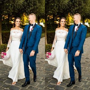 Eleganti abiti da sposa aline con spalle scoperte e maniche lunghe in pizzo, lunghezza del pavimento, economici abiti da sposa su misura