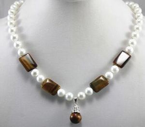 Gratis Shippingwonderful Design Jewelry! Partihandel/detaljhandelsvita skal Pearl Tiger Eye Stone Necklace Pendant