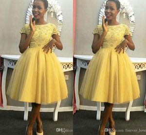 Daffodil Short Cocktail Homecoming Dresses Jewel Neck Short Sleeves Puffy Tulle Knee Length Short Prom Dress Formal Party Gowns Custom Made