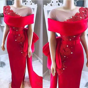 2019 Red Evening Dresses Off the Shoulder Lace Appliques Formal Party Gowns Side Split Prom Dresses Custom Made