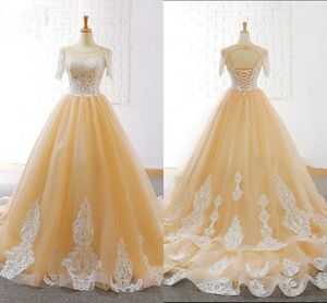 2020 Champagne Wedding Dresses With Short Sleeves Lace Pearls Scoop Keyhole Back Lace up Layers Skirt Wedding Reception Bridal Dress Women
