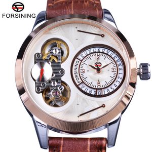 Fasining Second Dial Dial Tourbillion Rose Golden Case Brown Genuine Leather Men Watches Top Brand Luxury Orologio