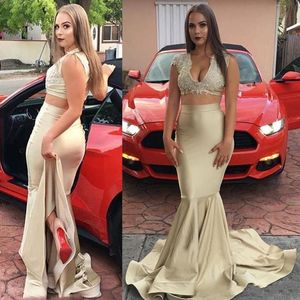 Champagne Two Piece Prom Dresses Mermaid V Neck Lace Applique Sweep Train Custom Made Eveing Party Gowns Formal Ocn Wear