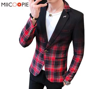 Moda Gradient Color Plaid Mężczyźni Blazer Slim Kurtka Biznes Casual Single Button Mens Dress Garnitury Asian Size Blazer Masculino
