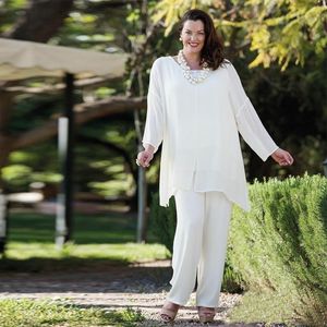 3 peças de chiffon branco feminino ternos de calça de noite plus size mãe da noiva ternos de calça mãe senhora roupa de noiva casamento convidado sui293p