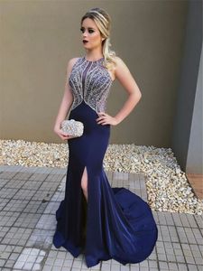 Zarif Boncuk Kristaller Kraliyet Mavi Gelinlik Modelleri Seksi Açık Geri Akşam Parti Elbiseler Ile Yarık Robe de Soiree