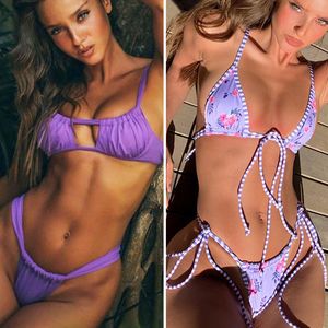 Elegant Bikinis Purple Swim wear Women Bathing Suit Hollow Out Female Quality Pleated Swimsuit Double-Sided Bikini Set