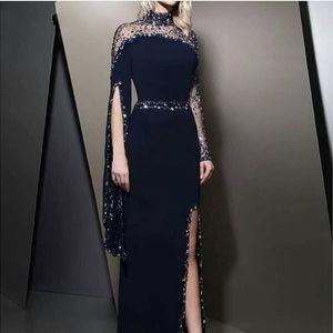 2019 Formale High Neck Marineblaue Abendkleider Kaftan Dubai Perlen Langarm Partykleider Bescheidenes Robe de Soiree Split Prom Dress