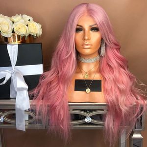 Pink Natural Wave Synthetic Wigs Long Rose Pink Gradient