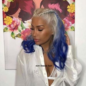 24 Zoll Lange Hitzebeständige Faser Haar Dunkle Wurzel Ombre Blau Highlight Körperwelle Synthetische Spitzefrontseite Perücke Für Frauen Cosplay Party