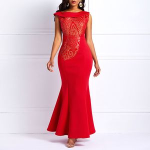 Sequins Party Bodycon Mermaid Long Dress Women Elegant Slim Ruffle Office Ladies Prom Evening Formal Solid Red Sexy Maxi Dresses T5190613