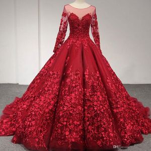 Şaşırtıcı Dantel Balo Gelinlik Modelleri ile Uzun Kollu Şeffaf Bateau Boyun Backless Akşam Elbise Tül Mahkemesi Tren Aplike vestido de novia