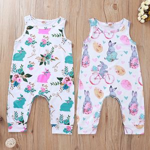 Bebek Paskalya Tulum Tavşan Baskılı Kolsuz Tulum 0-18M Yaz Bebek Bodysuits Yuvarlak Yaka Tavşan Çiçek Romper