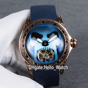 Ny bubbla Rose Gold Sculpture Case L390 / 03694 Blue Skull Ring Automatisk Mens Watch Tourbillon Fun Fisheye Blue Gummi Klockor Hello_Watch