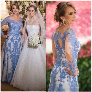 2020 Blue Floral Flowers Lace Beaded Mother Of The Bride Dresses Sheath Illusion Long Sleeve Bateau Sheer Back Hollow Evening Gowns Groom