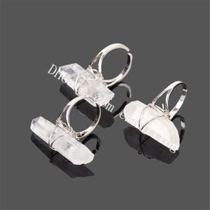 10Pcs Irregular Natural Raw Clear Quartz Point Ring Rough Crystal Healing Wire Wrapped Jewelry Adjustable Silver Plated Organic Stone Ring