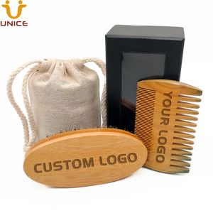 MOQ 50 sets Customise LOGO Beard Kit Brush and Fine & Coarse Teeth Green Sandalwood Combs Set With Gift Box Bag
