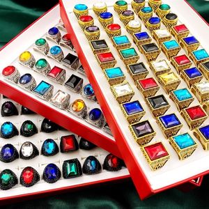 Vogue stone 30Pcs Crystal Glass band Rings Retro Bohemia Style Big Size mixed Golden Silvery Black Metal Acrylic men and Women Jewelry Party Gift